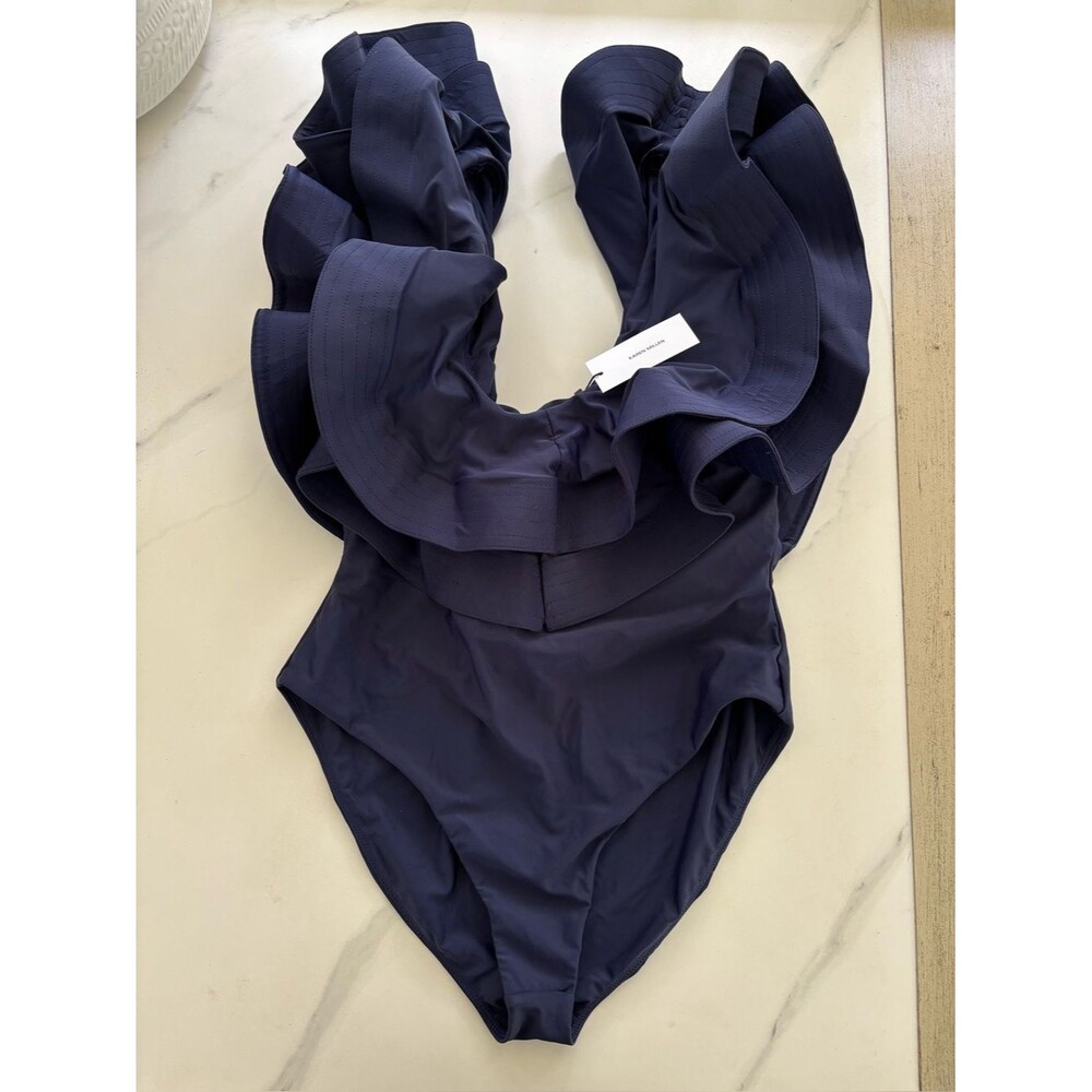 Karen Millen Drama Frill Swimsuit Navy One Piece Ruffle Luxury Swimwear Size M - Picture 4 of 7